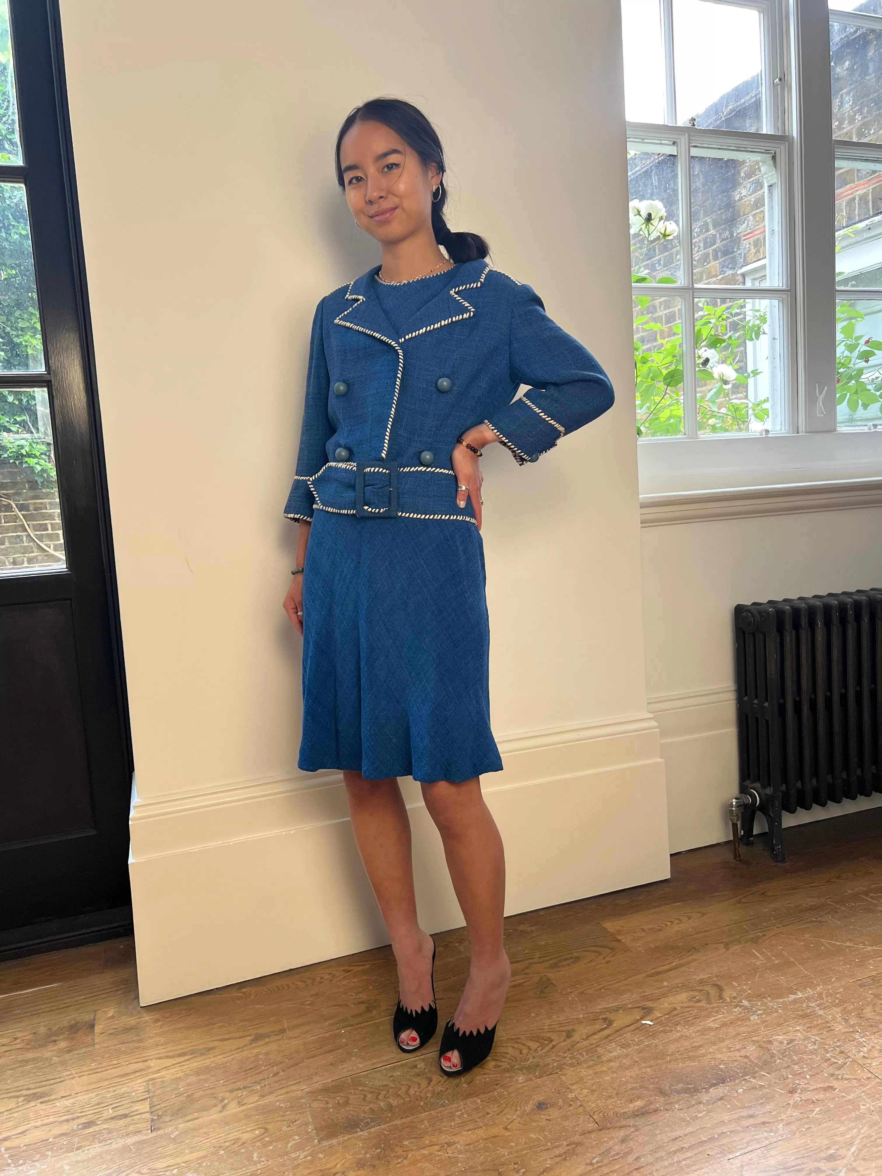 1950s Jacques Esterel Haute Couture Blue Linen Dress Suit