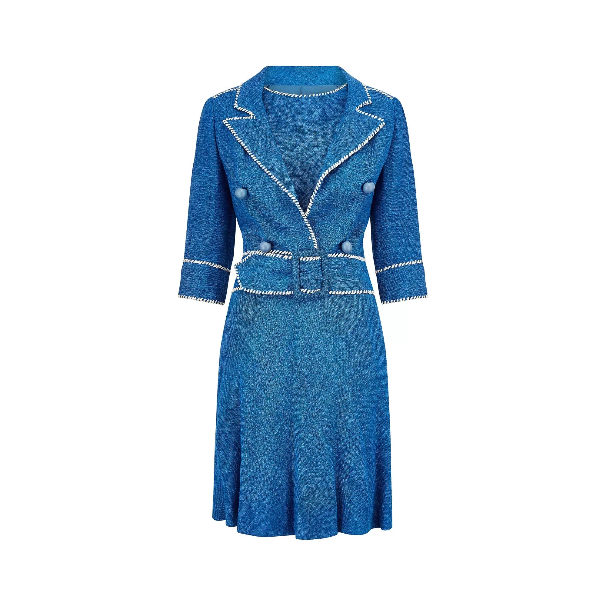 1950s Jacques Esterel Haute Couture Blue Linen Dress Suit