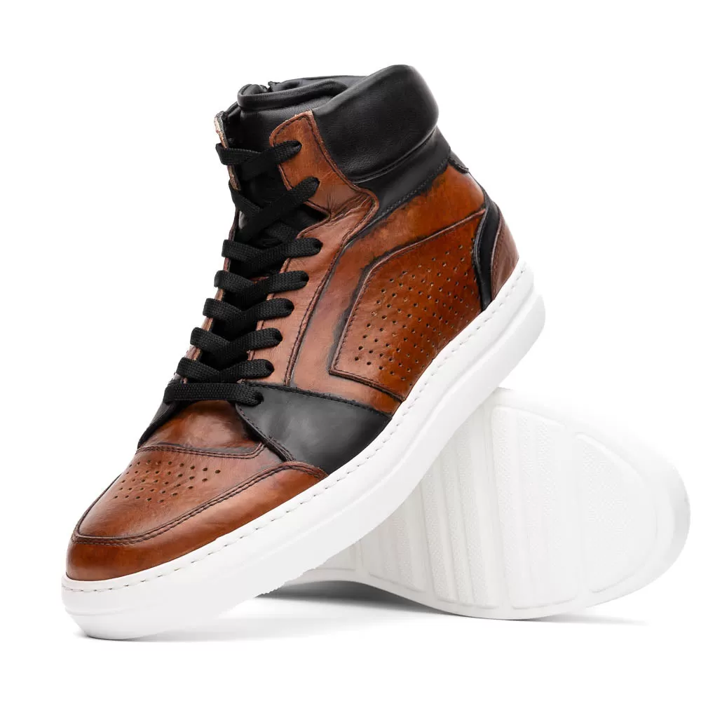 65-356-BRN BRAVO Italian Burnished Calfskin High Top Dress Sneaker Black / Brown