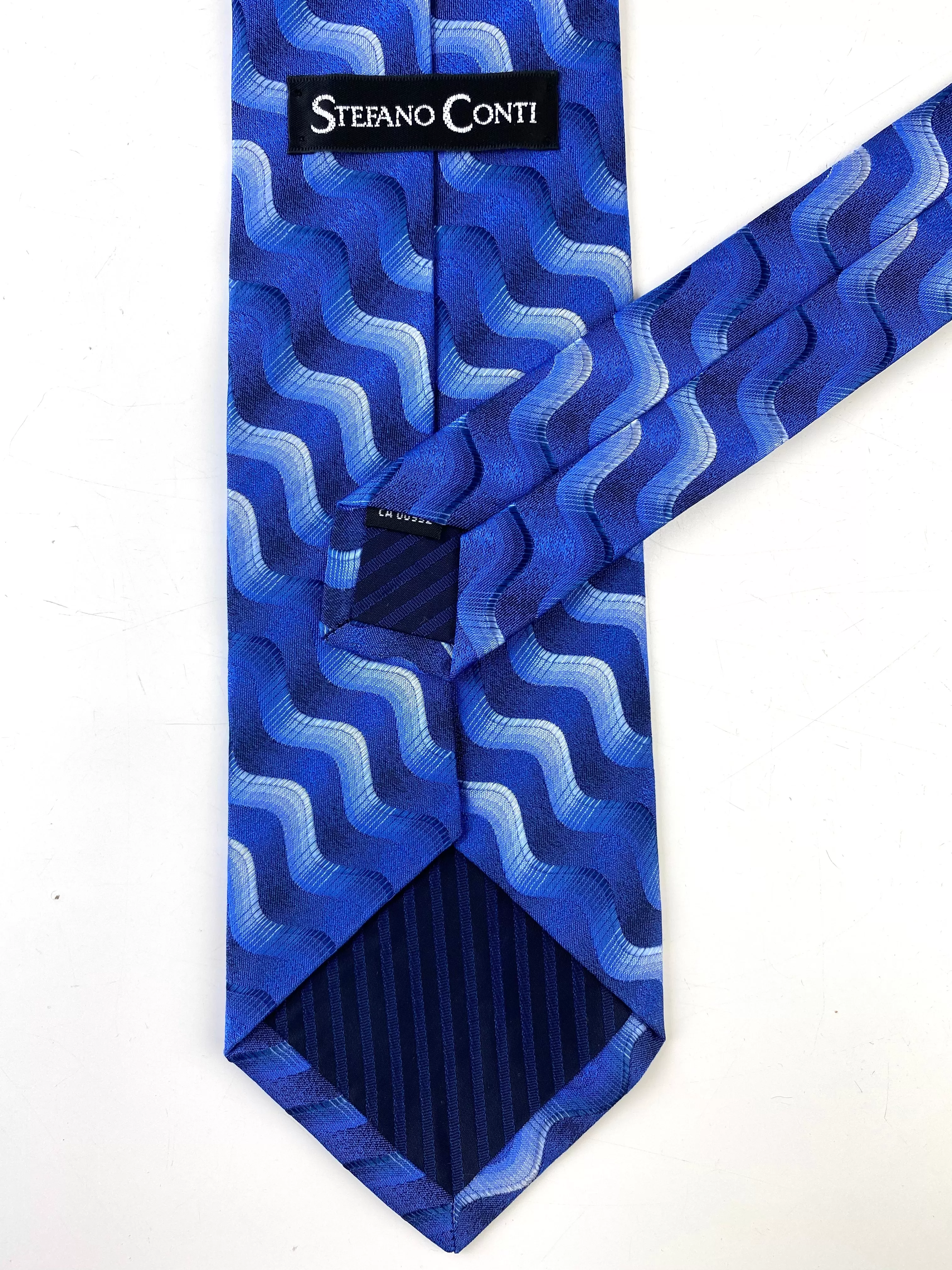 90s Deadstock Silk Necktie, Men's Vintage Blue Wave Pattern Tie, NOS