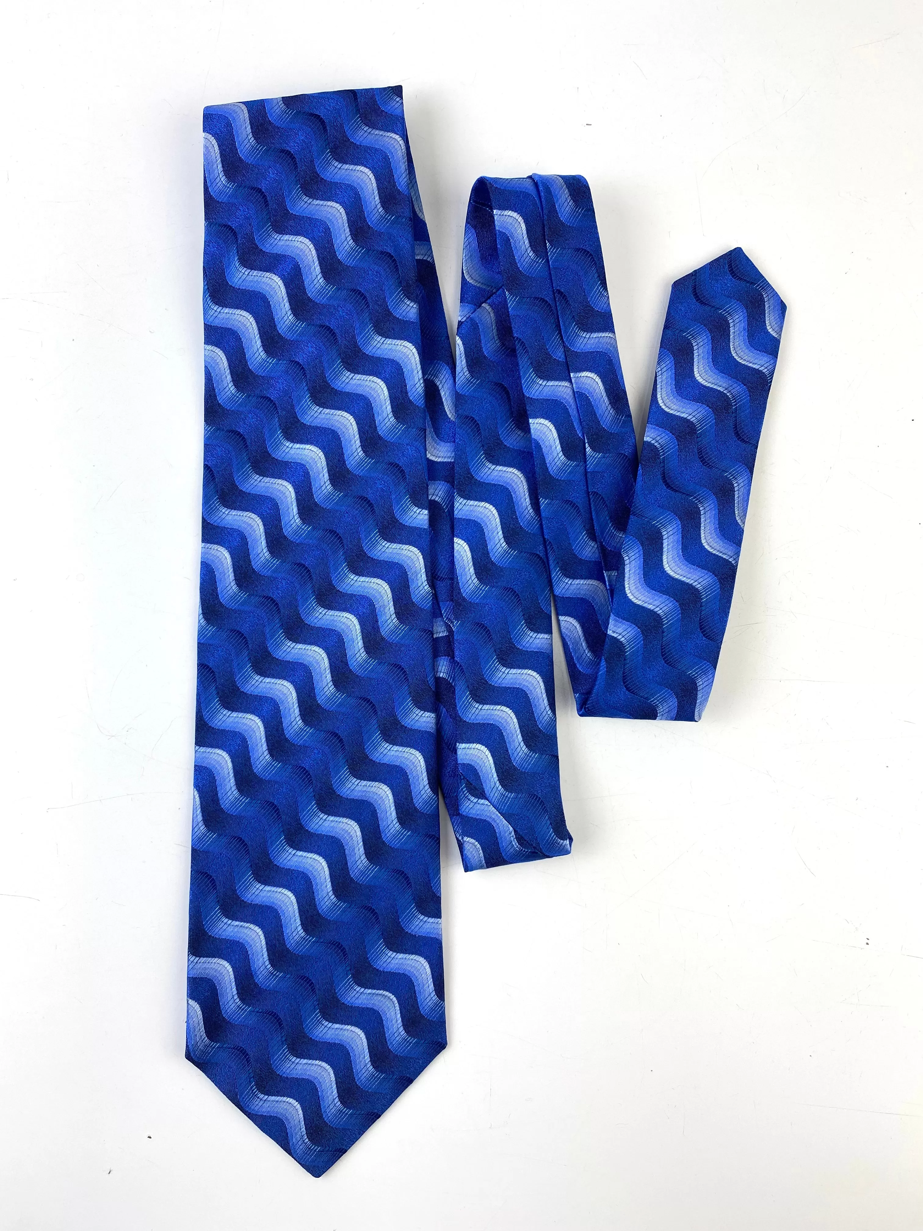 90s Deadstock Silk Necktie, Men's Vintage Blue Wave Pattern Tie, NOS