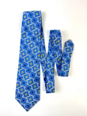 90s Deadstock Silk Necktie, Men's Vintage Blue Yellow Geometric Pattern Tie, NOS