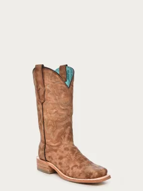 A4143 - WOMEN'S EMBROIDERY SAND WIDE SQUARE TOE COWBOY BOOT