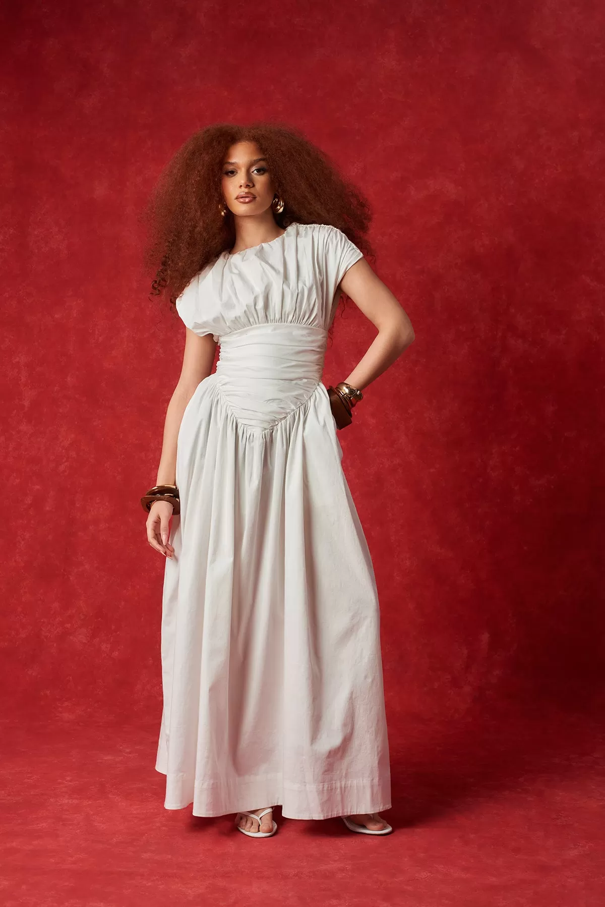 Adesuwa Ruched Cotton Long Dress - White