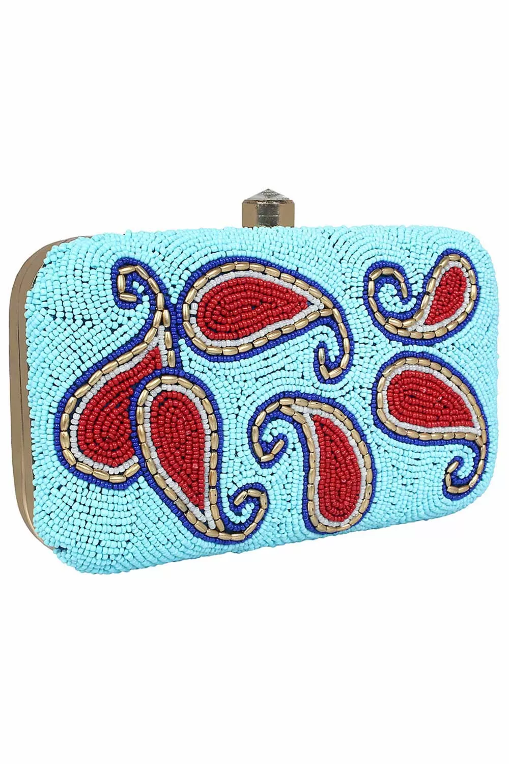 Adorn Embellished Faux Silk Clutch Sky Blue & Red