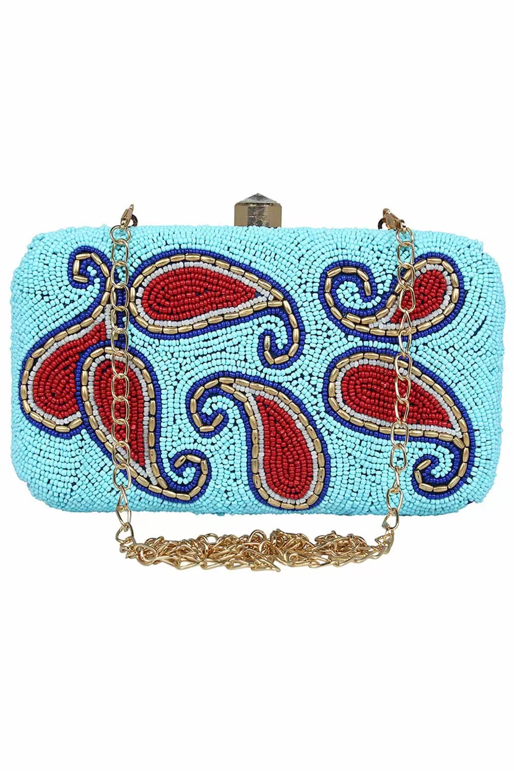 Adorn Embellished Faux Silk Clutch Sky Blue & Red