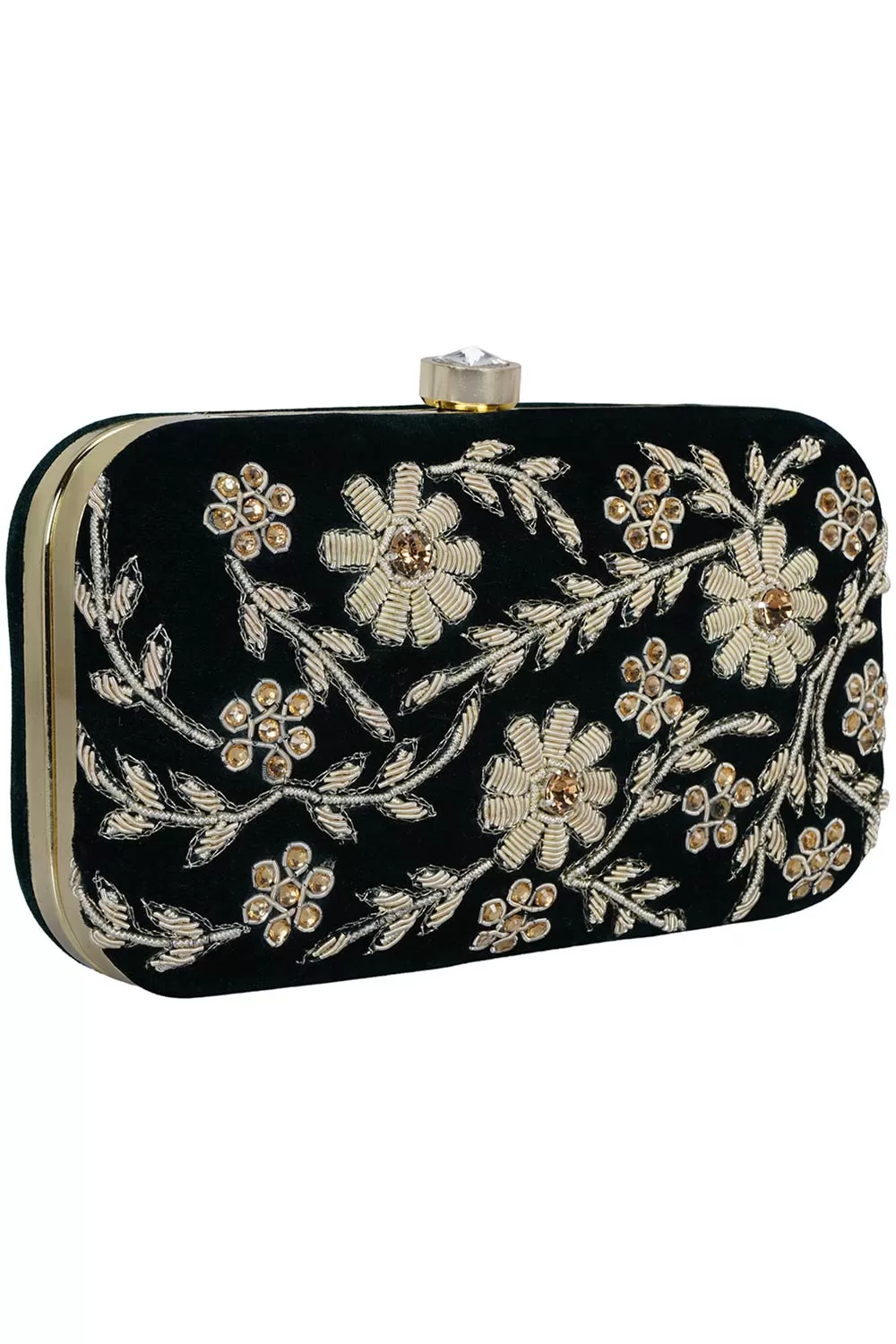 Adorn Embellished Velvet Clutch Bottle Green & Gold