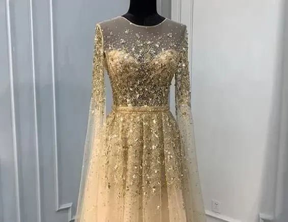 Aiyana Gold Luxury Sequins Crystal Evening Dress