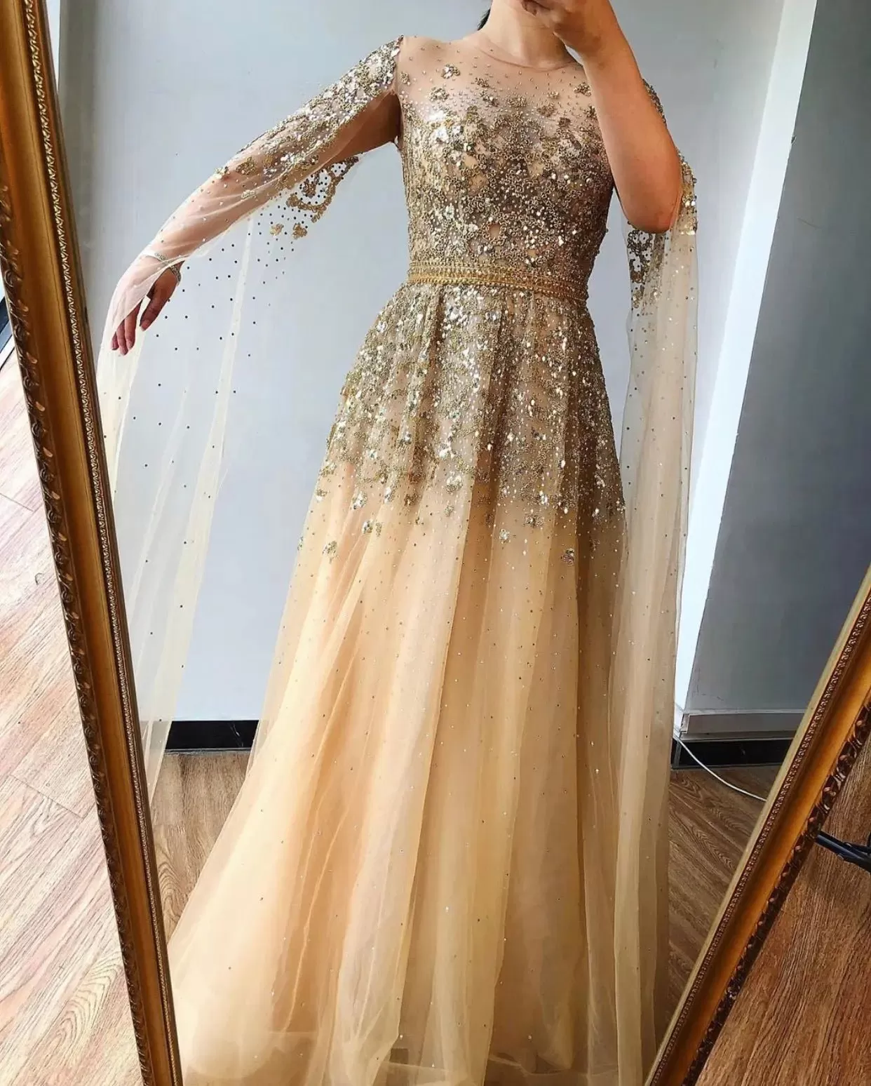 Aiyana Gold Luxury Sequins Crystal Evening Dress