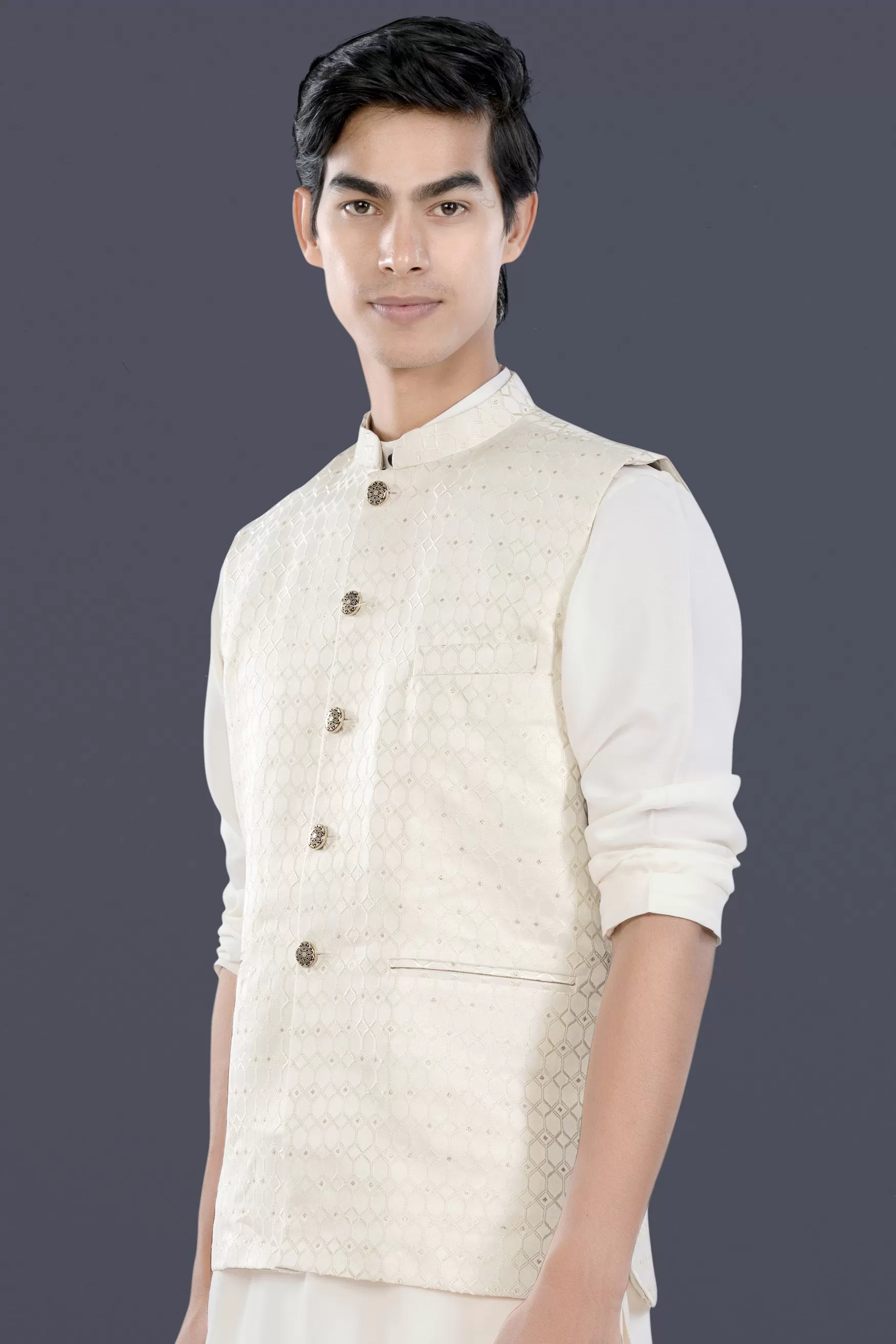 Albescent Cream Trellis Jacquard Textured Designer Nehru Jacket