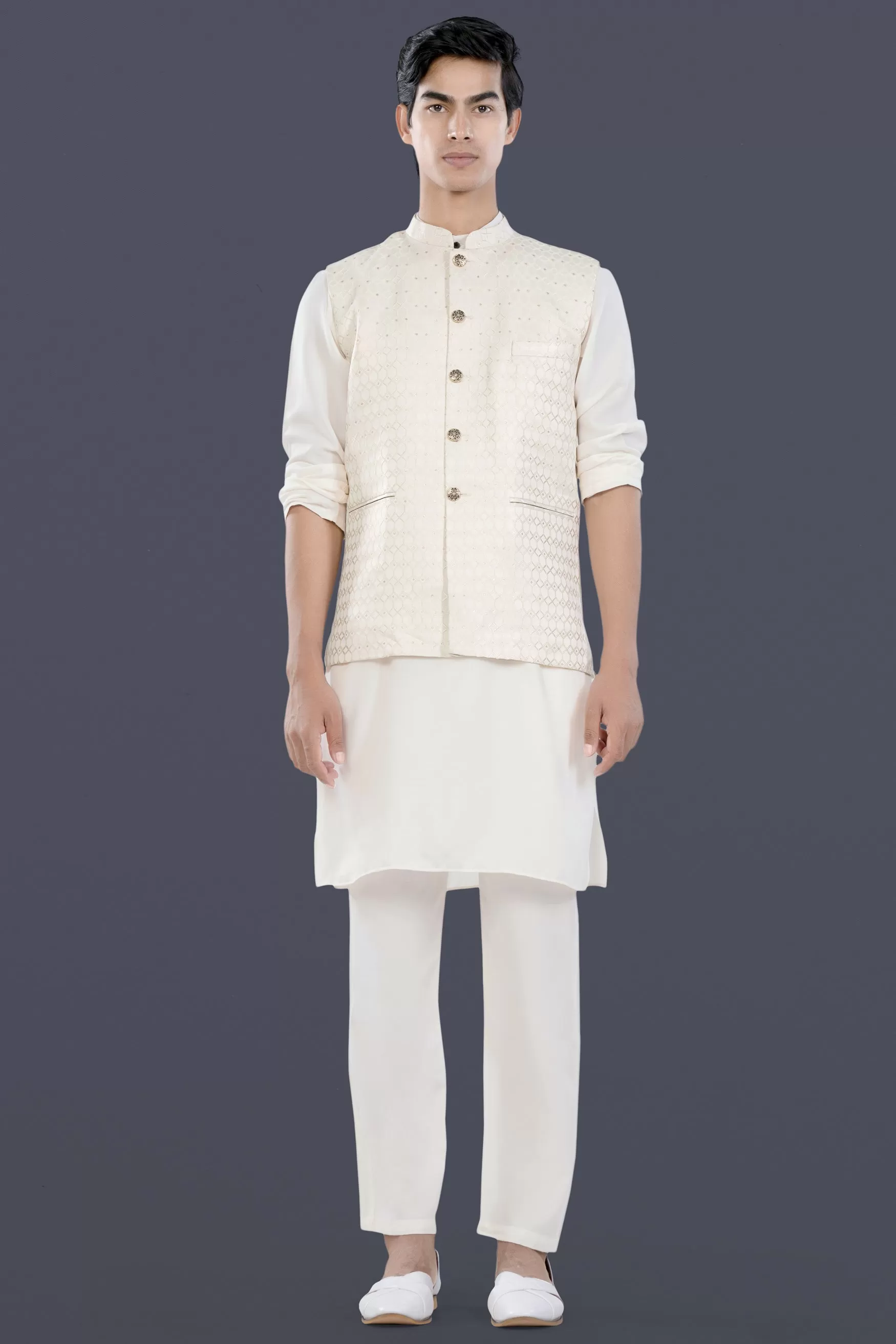 Albescent Cream Trellis Jacquard Textured Designer Nehru Jacket