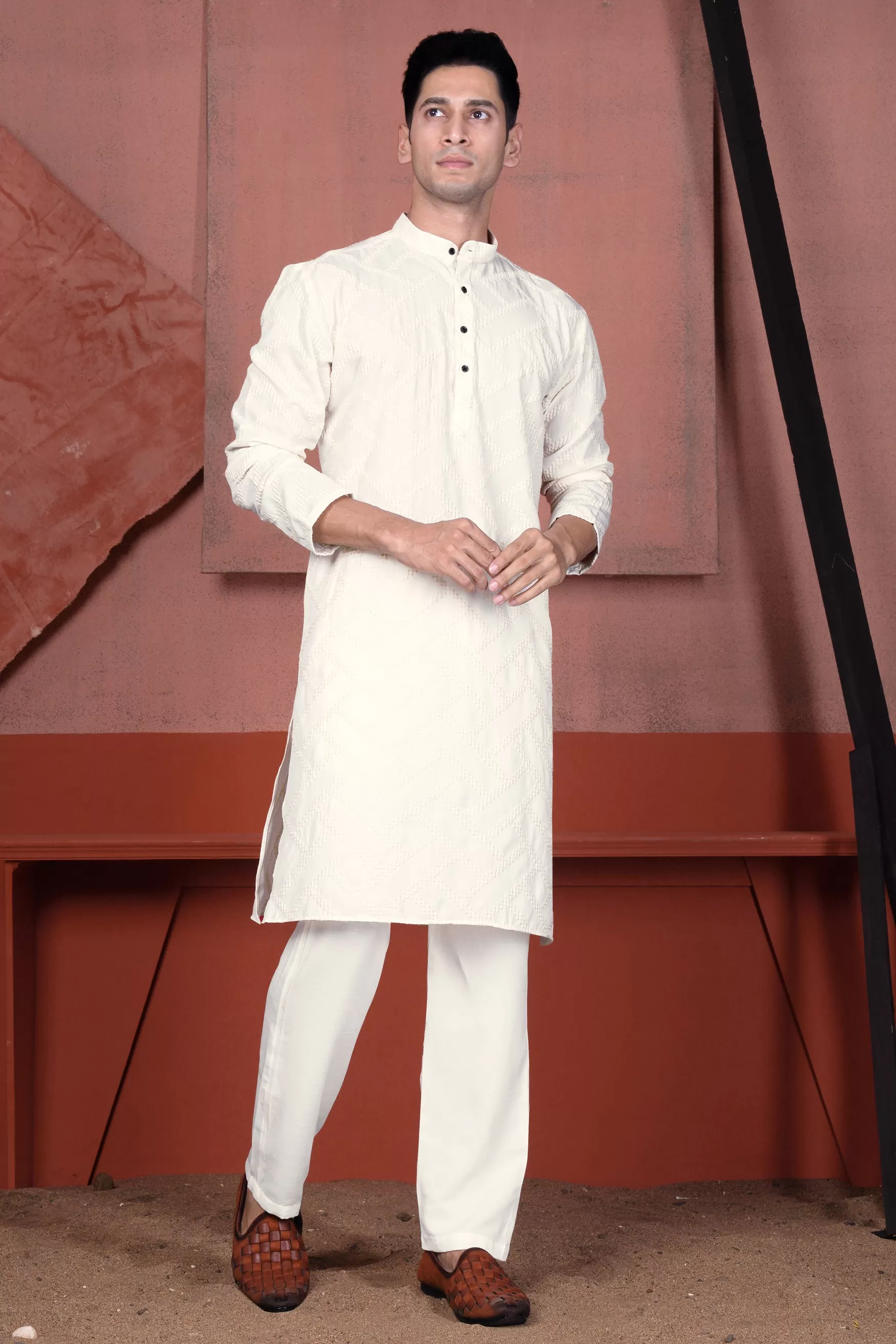 Albescent Cream Viscose Embroidered Designer Kurta Set