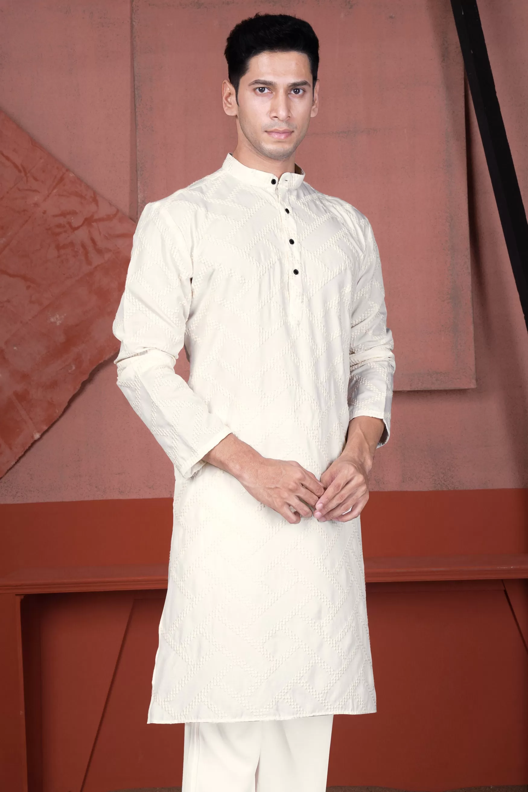 Albescent Cream Viscose Embroidered Designer Kurta Set