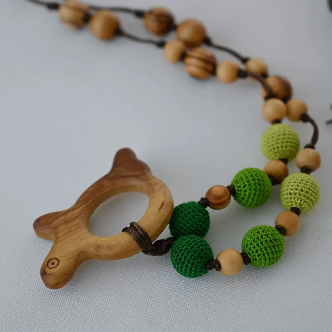 All Natural Wooden Teething Necklace with Green Turtle