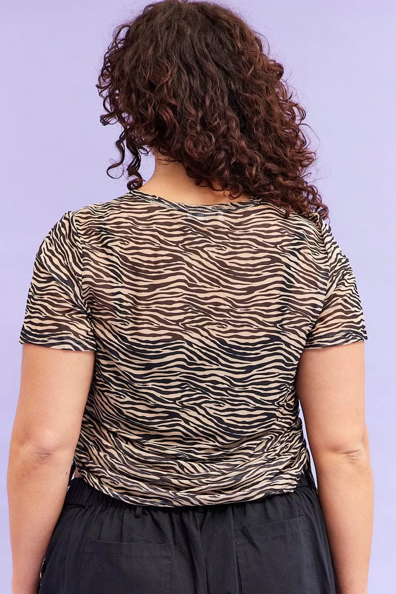 Animal Print Drawstring T-Shirt Short Sleeve Mesh