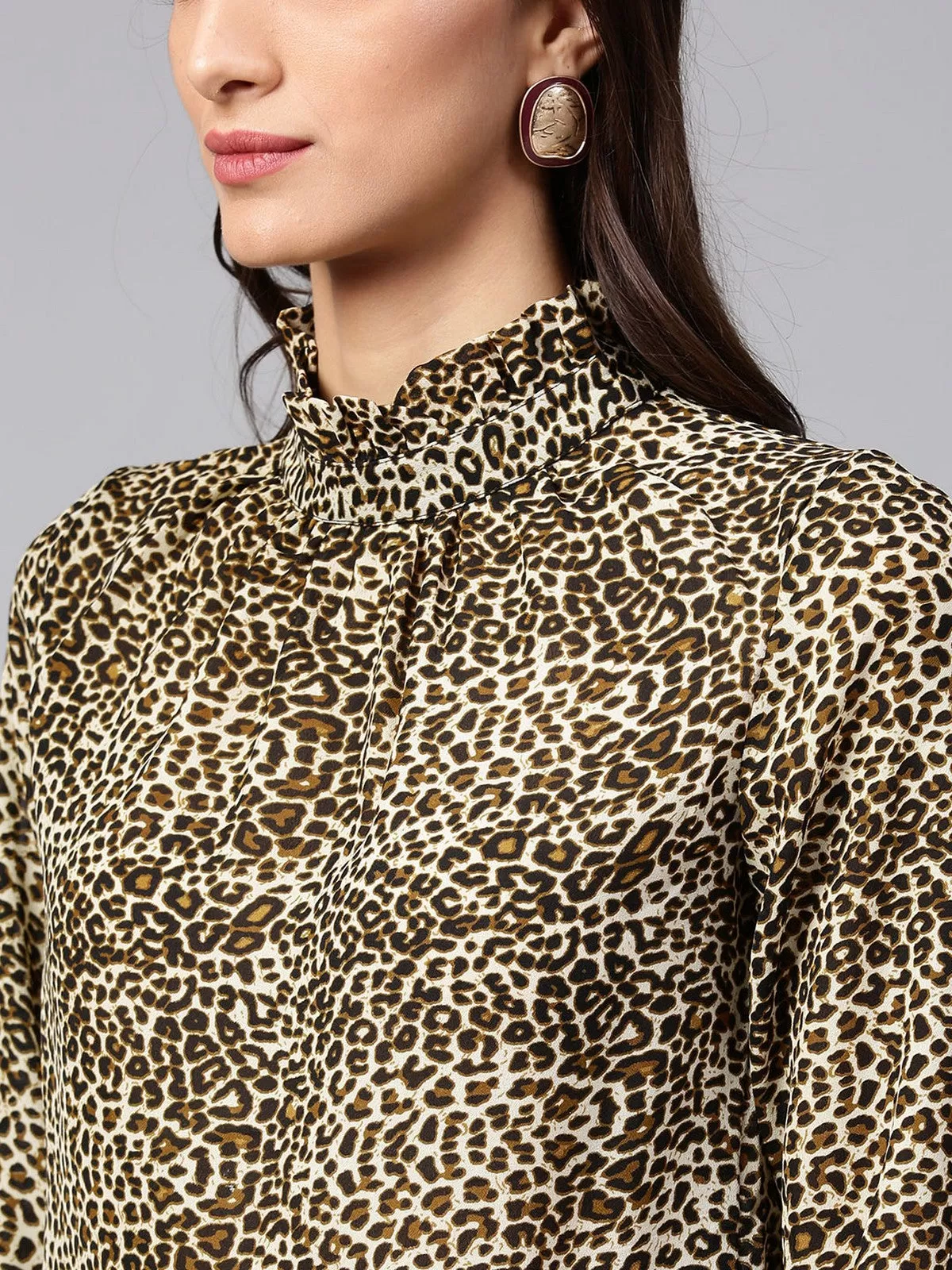 Animal Print Ruffle Neck Top