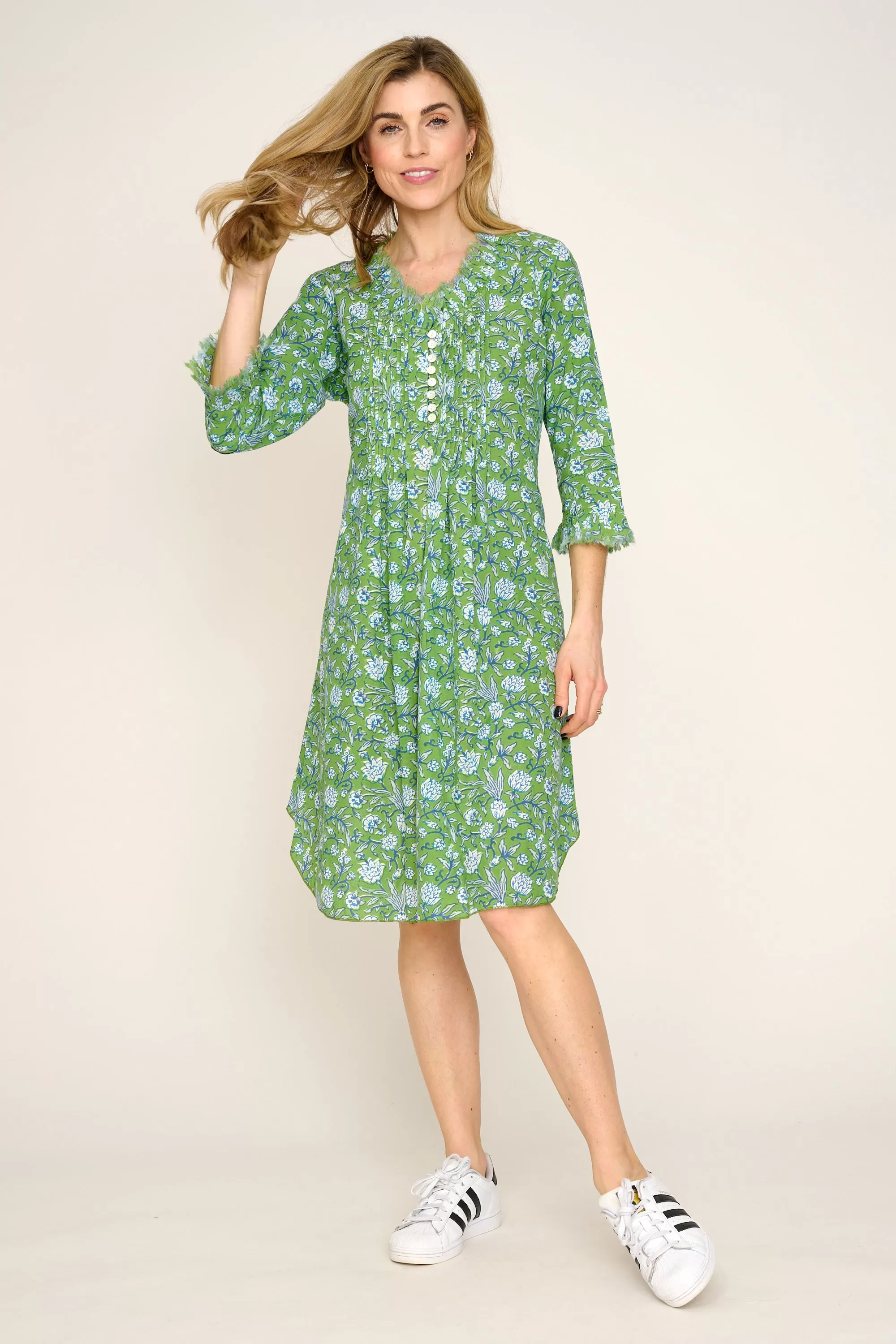 Annabel Cotton Tunic in Green with White & Blue Flower