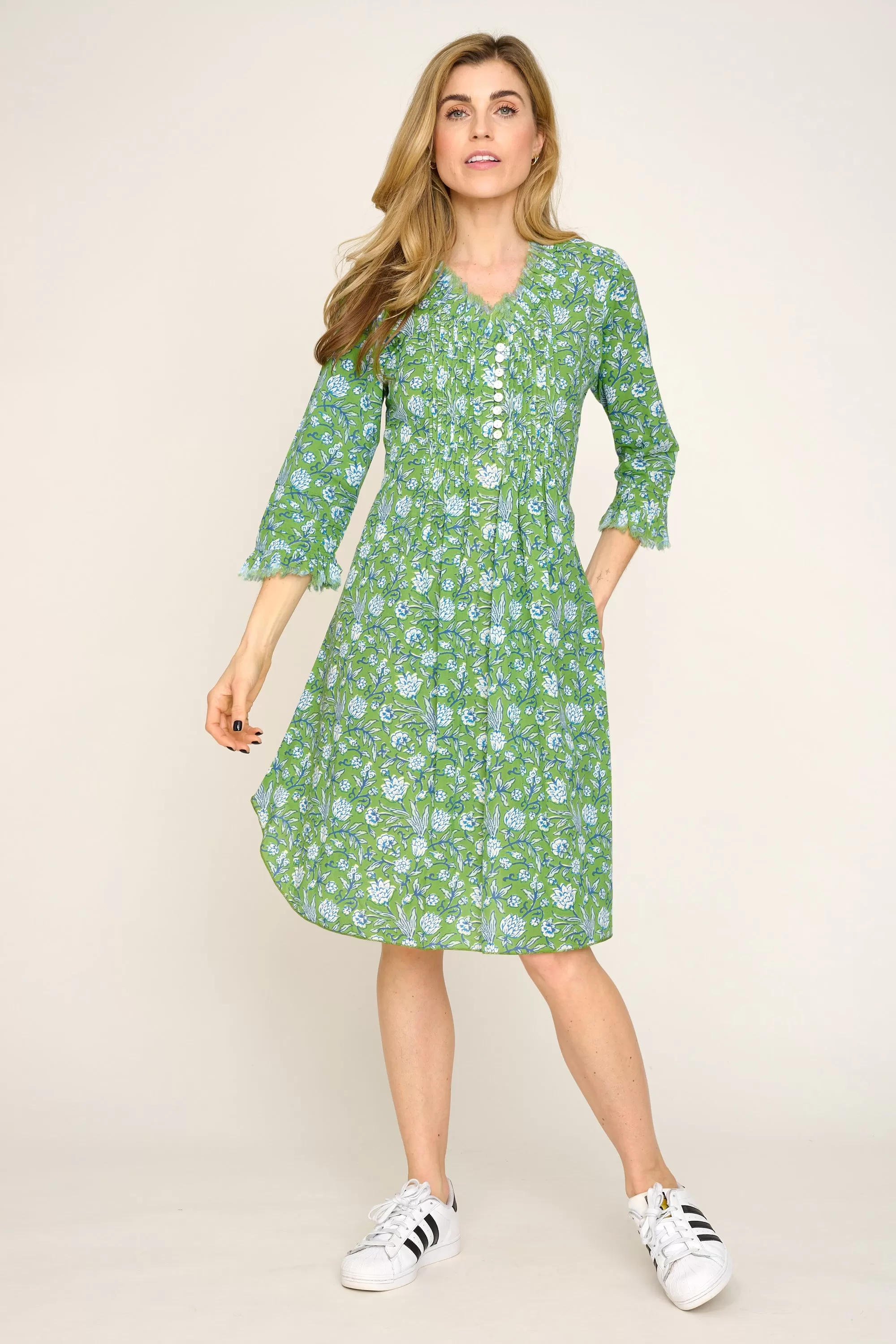 Annabel Cotton Tunic in Green with White & Blue Flower