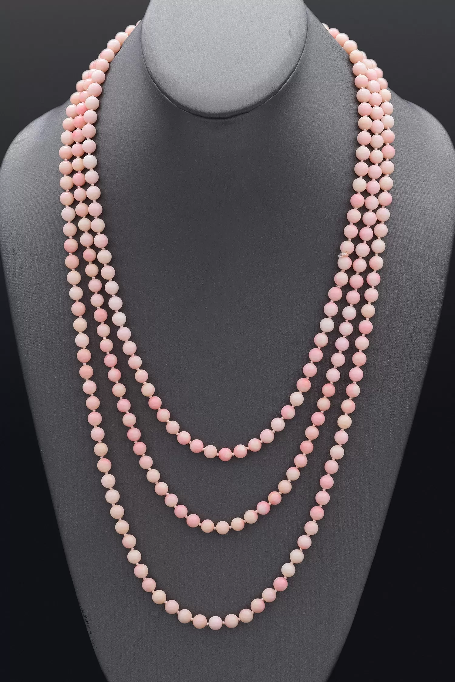 Antique English Gold Filled Pink Coral & White Paste Long Beaded Strand Necklace