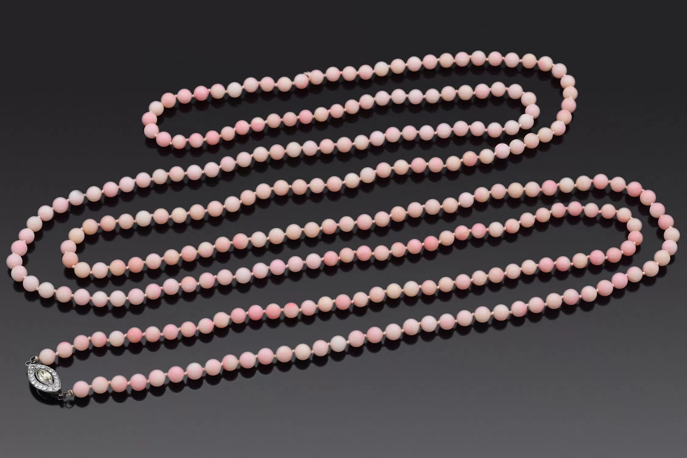 Antique English Gold Filled Pink Coral & White Paste Long Beaded Strand Necklace