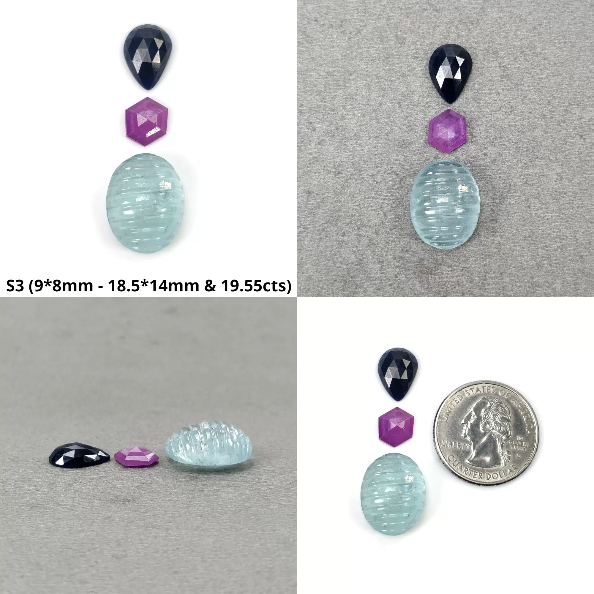 Aquamarine & Sapphire Gemstone Carving And Rose Cut : Natural Untreated Aqua Blue Pink Sapphire Hand Carved Multi Shape