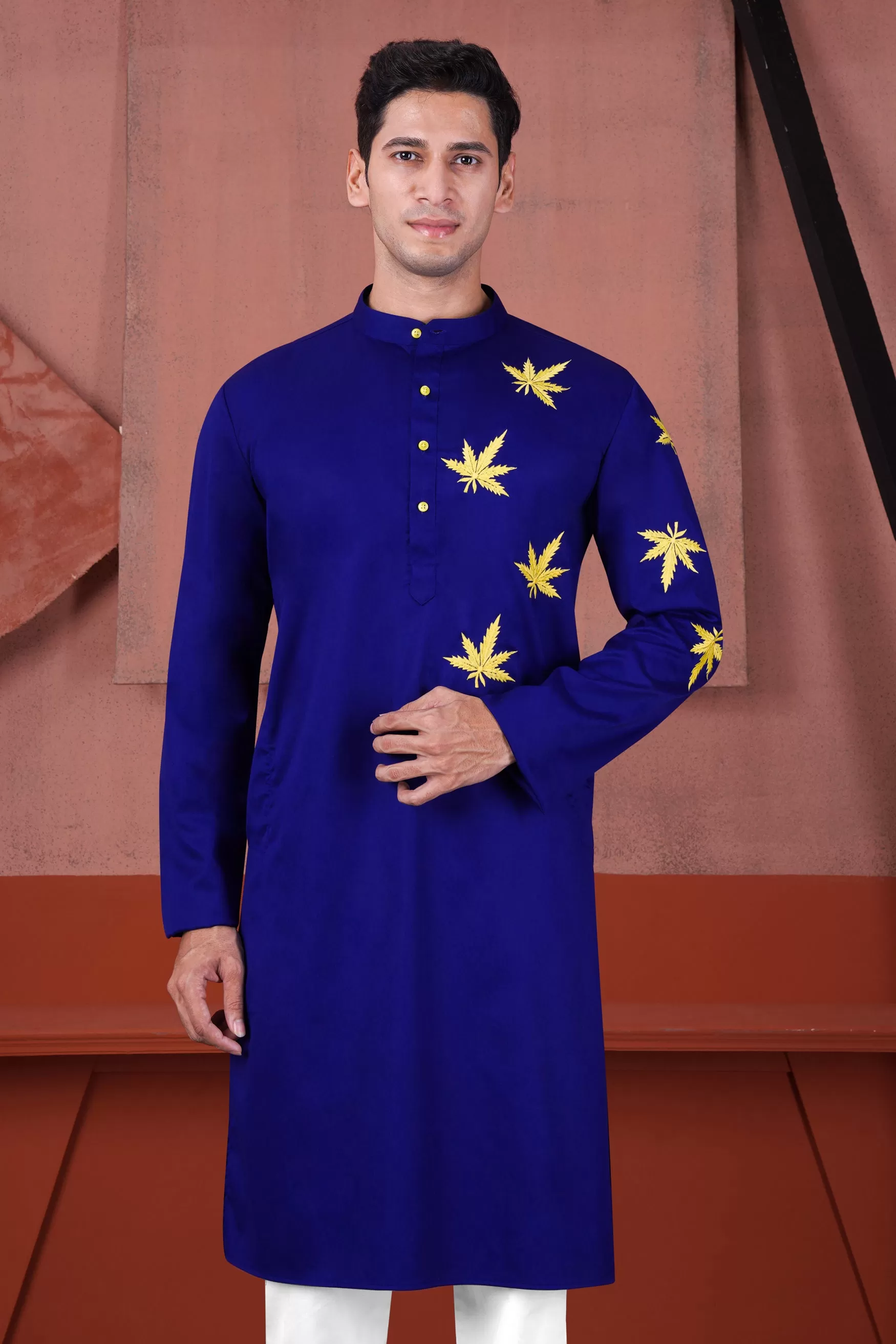 Arapawa Blue with Leaves Embroidered Subtle Sheen Super Soft Premium Cotton Designer Kurta Set