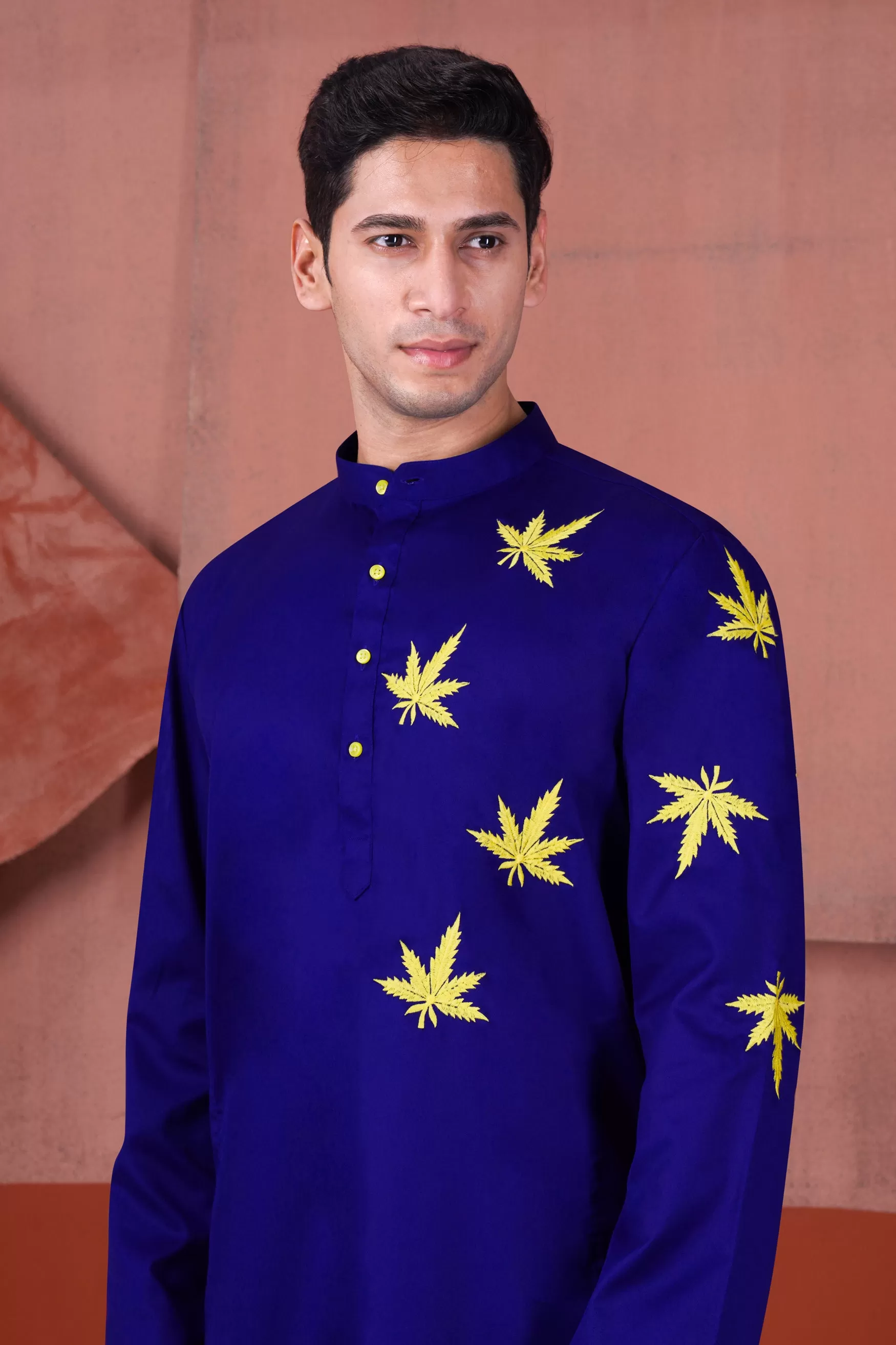 Arapawa Blue with Leaves Embroidered Subtle Sheen Super Soft Premium Cotton Designer Kurta Set