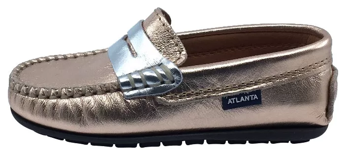 Atlanta Mocassin Girl's Leather Penny Loafers, Rose Gold/Silver