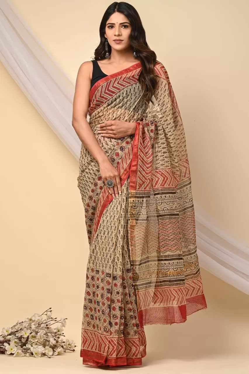 Authentic Beige Traditional Kota Doriya Print Saree