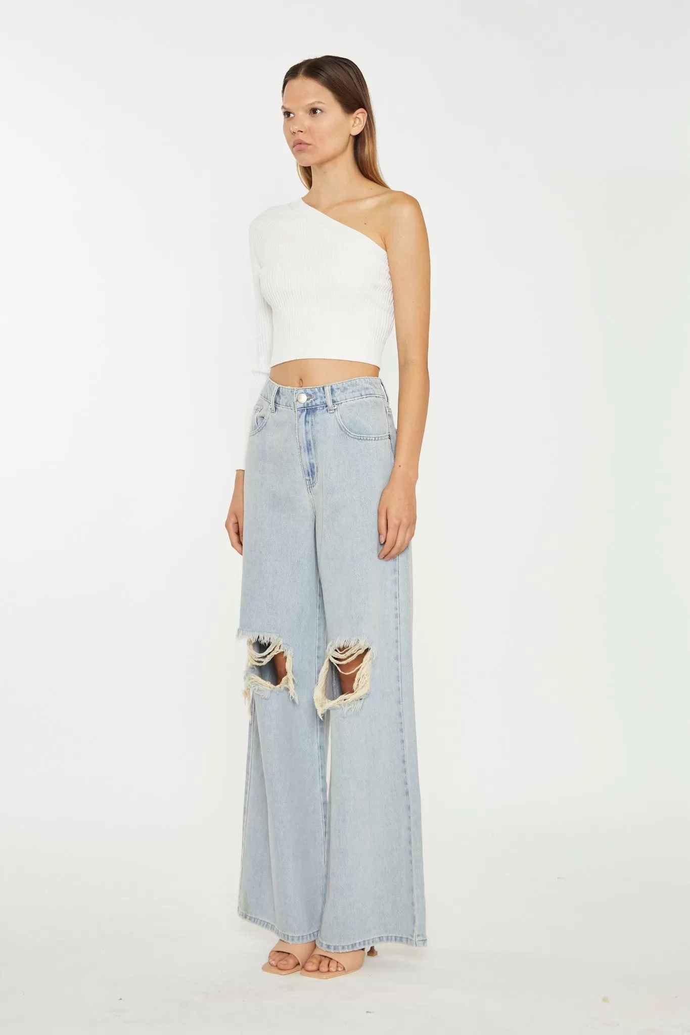 Authentic-Bleach-Wash Distressed Wide Leg Jeans