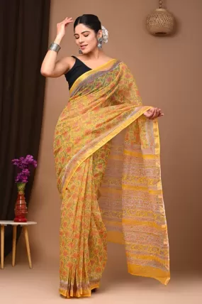 Authentic Floral Yellow Traditional Kota Doriya Print Saree