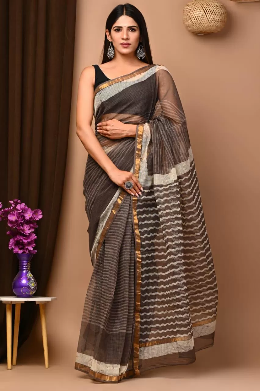 Authentic Metal Brown Traditional Kota Doriya Print Saree