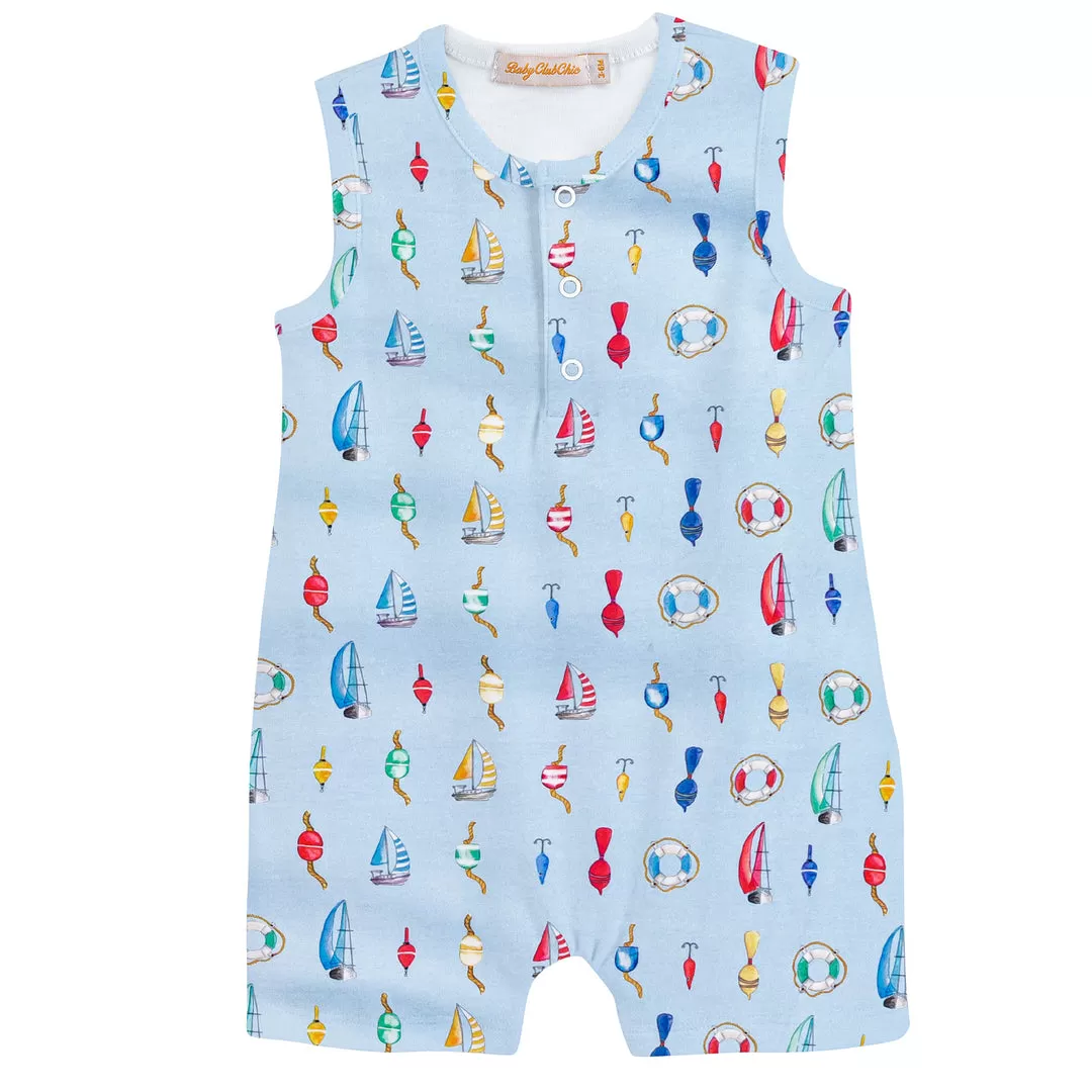 Baby Club Chic Let's Go Fishing Blue Romper