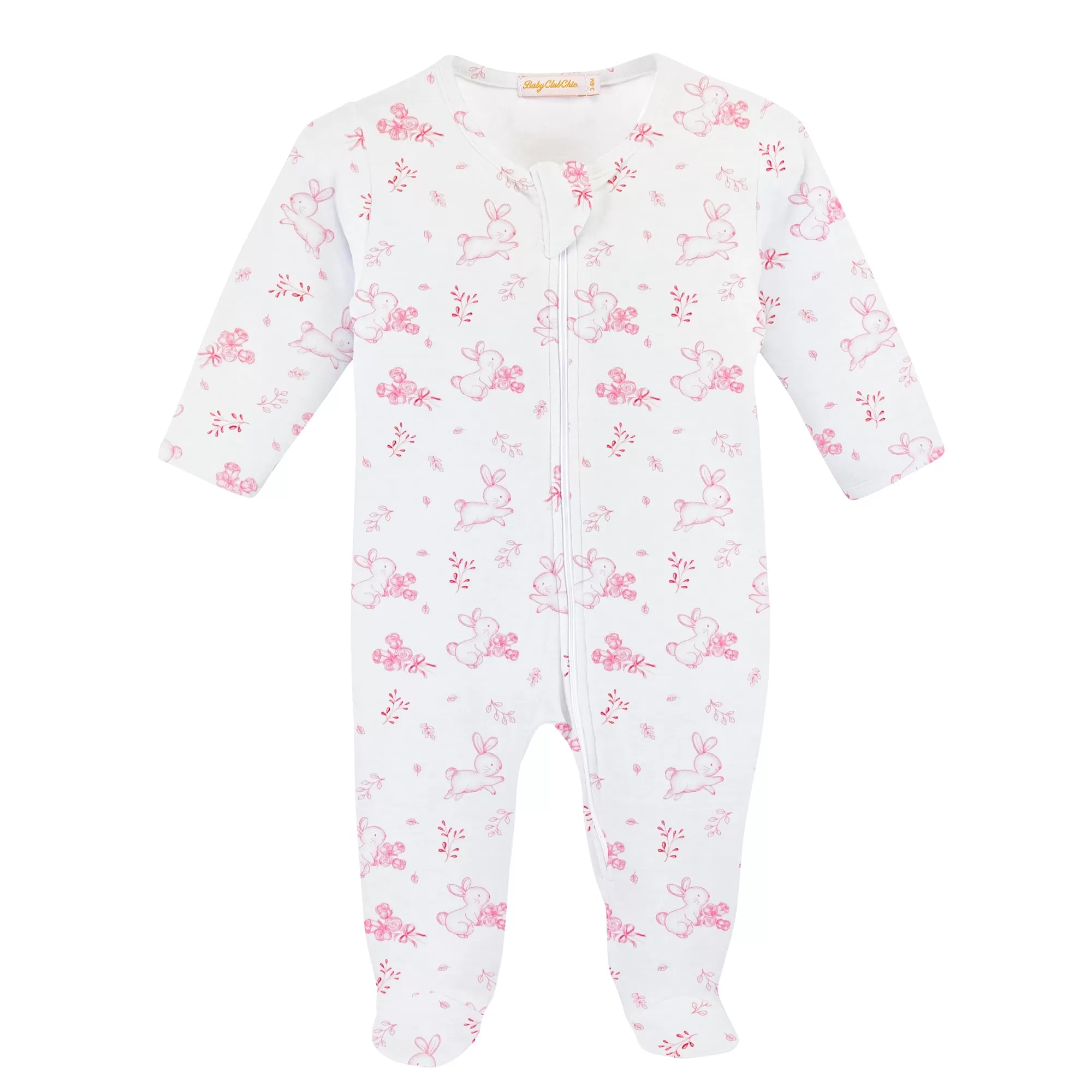 Baby Club Chic - Pink Baby Bunnies Zip Footie