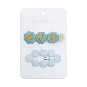 Baby Girl Floral Embroidered Snap Hair Clip Set in Teal