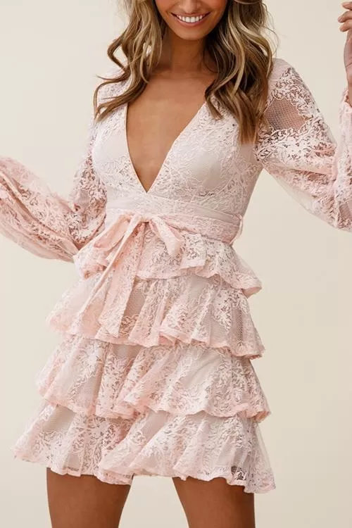 Balloon Sleeve Tiered Frill Lace Dres