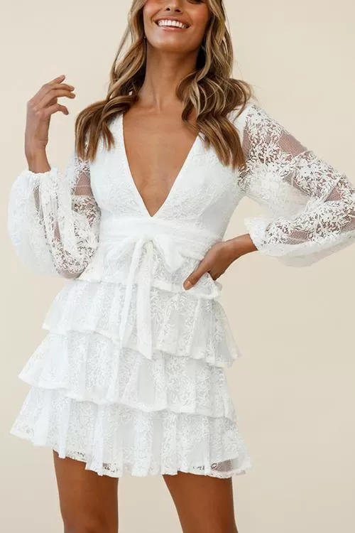 Balloon Sleeve Tiered Frill Lace Dres