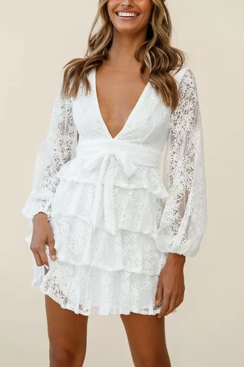 Balloon Sleeve Tiered Frill Lace Dres