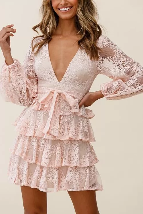 Balloon Sleeve Tiered Frill Lace Dres