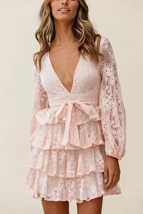 Balloon Sleeve Tiered Frill Lace Dres