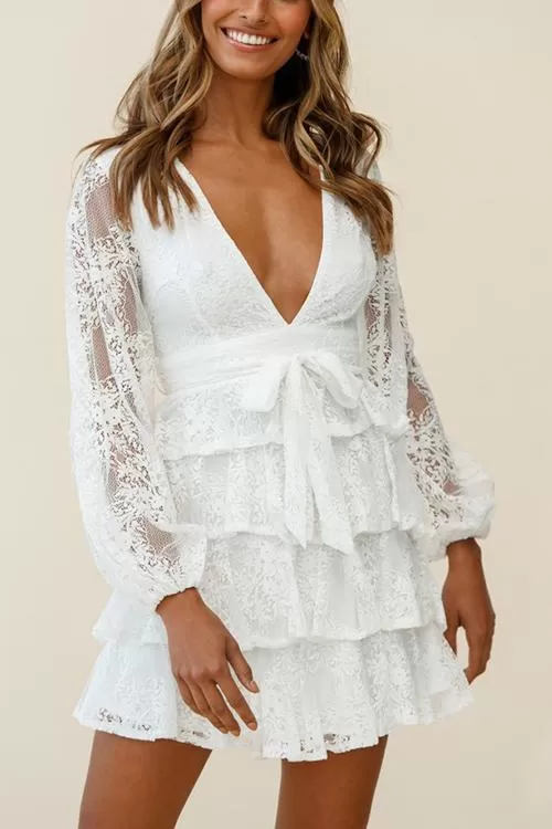 Balloon Sleeve Tiered Frill Lace Dres