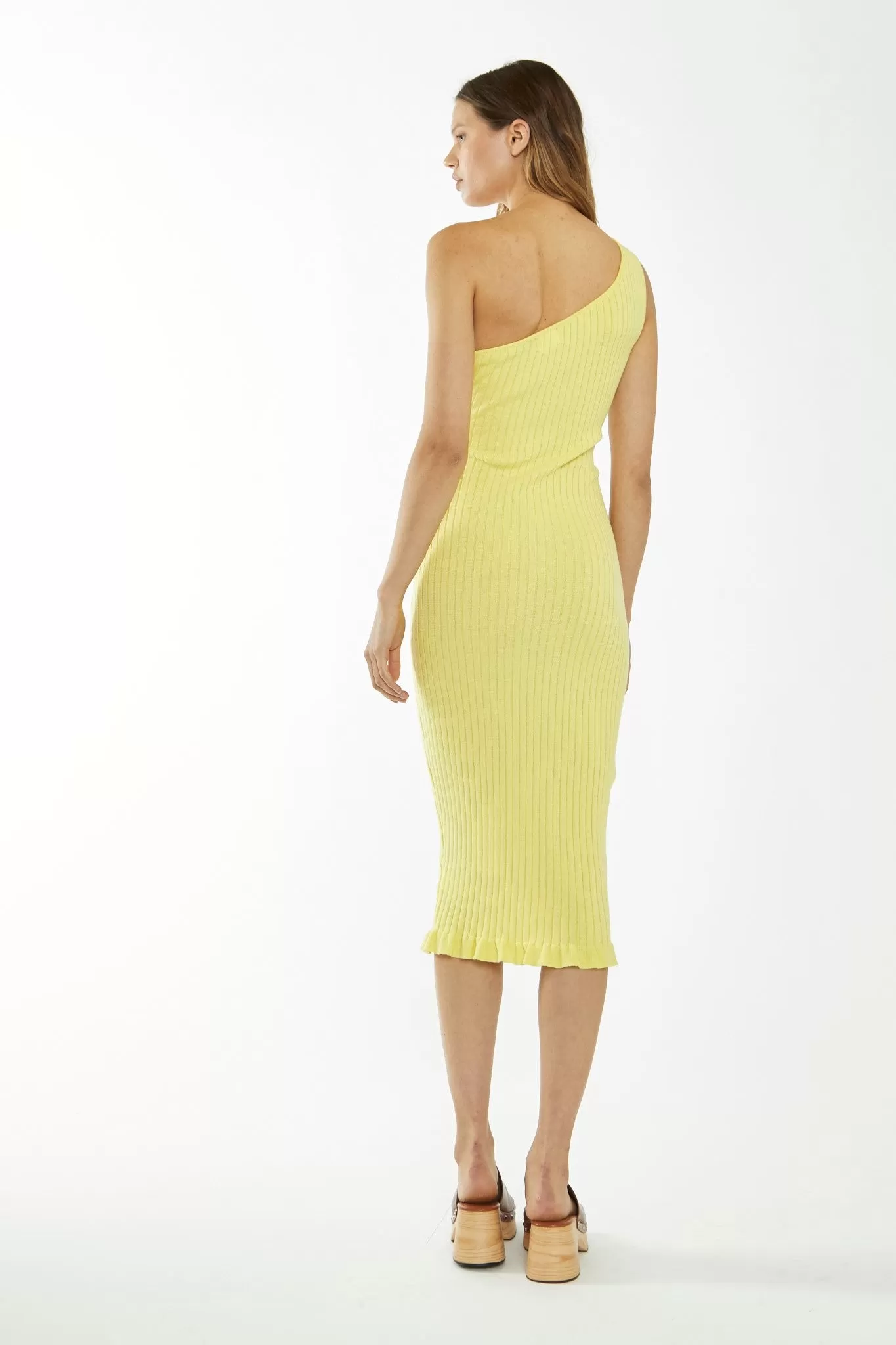 Banana-Yellow Rib-Knit Asymmetric Midi Dress