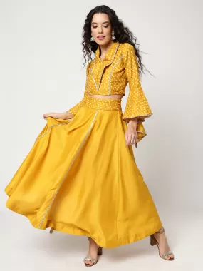 Bandhani Foil Printed Collared Crop Top Having Laces With Bell Sleeves And Solid Matching Flared Skirt Set