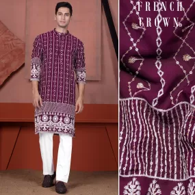 Barossa Purple and Bright White Embroidered Viscose Designer Kurta Set