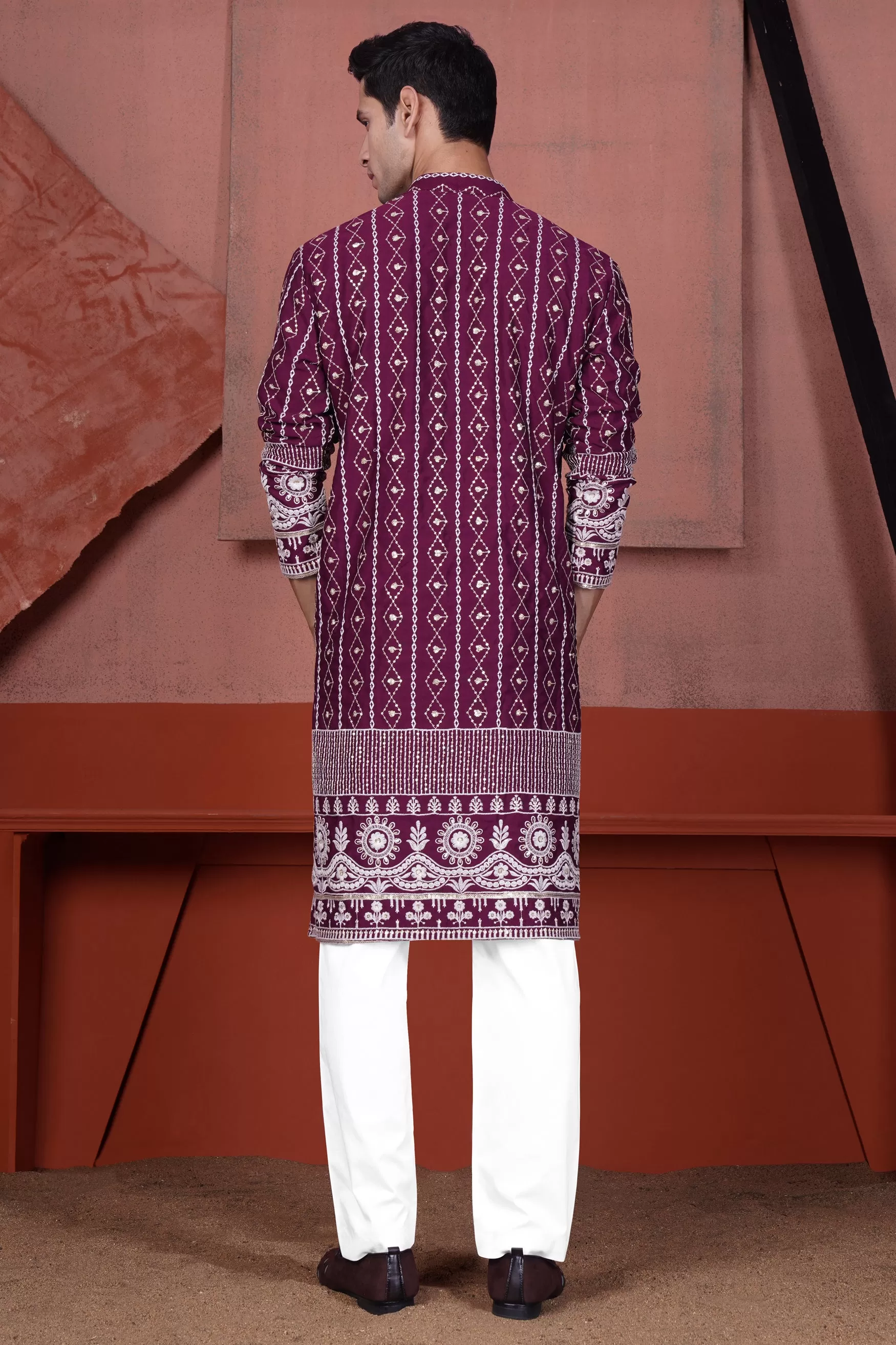 Barossa Purple and Bright White Embroidered Viscose Designer Kurta Set