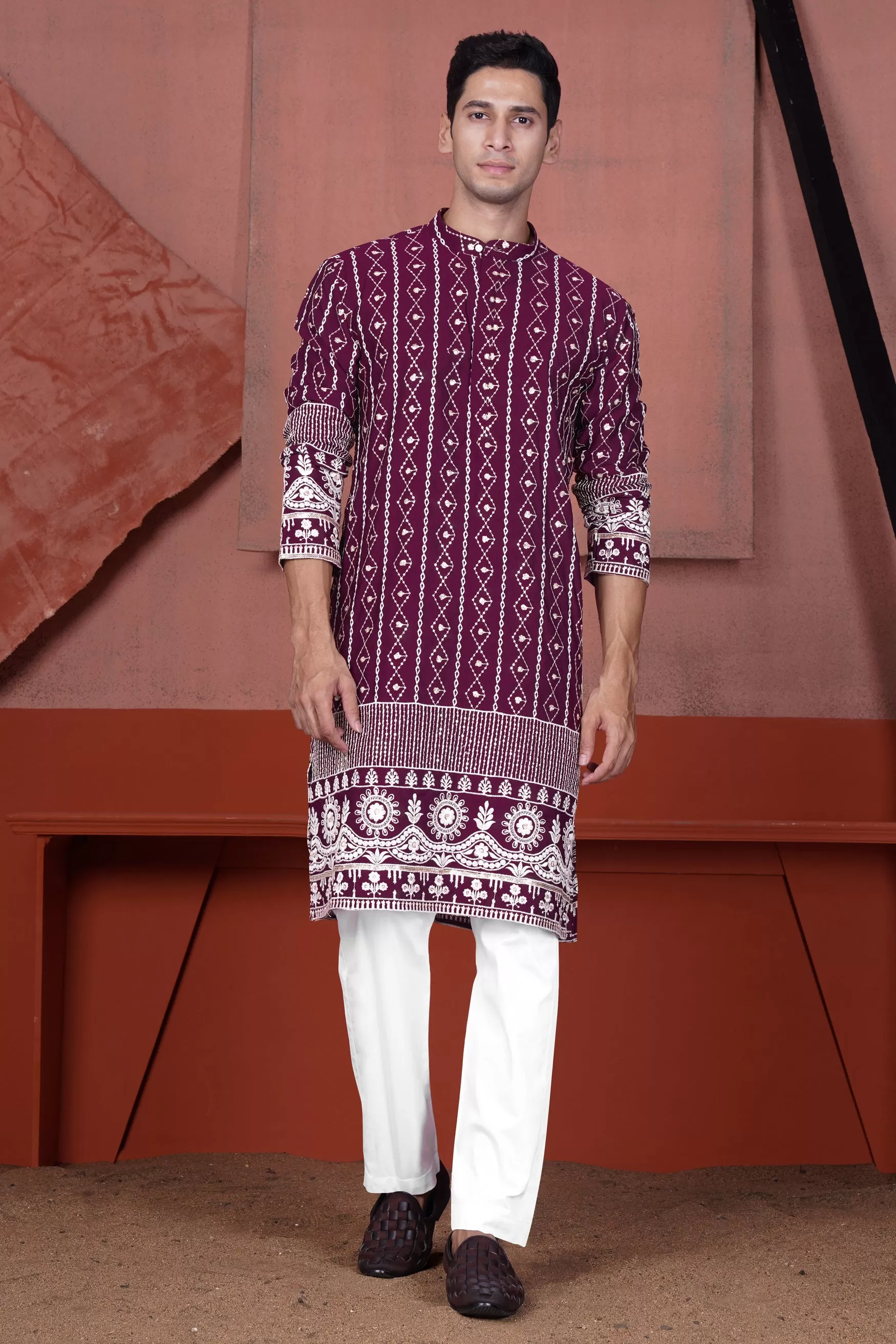 Barossa Purple and Bright White Embroidered Viscose Designer Kurta