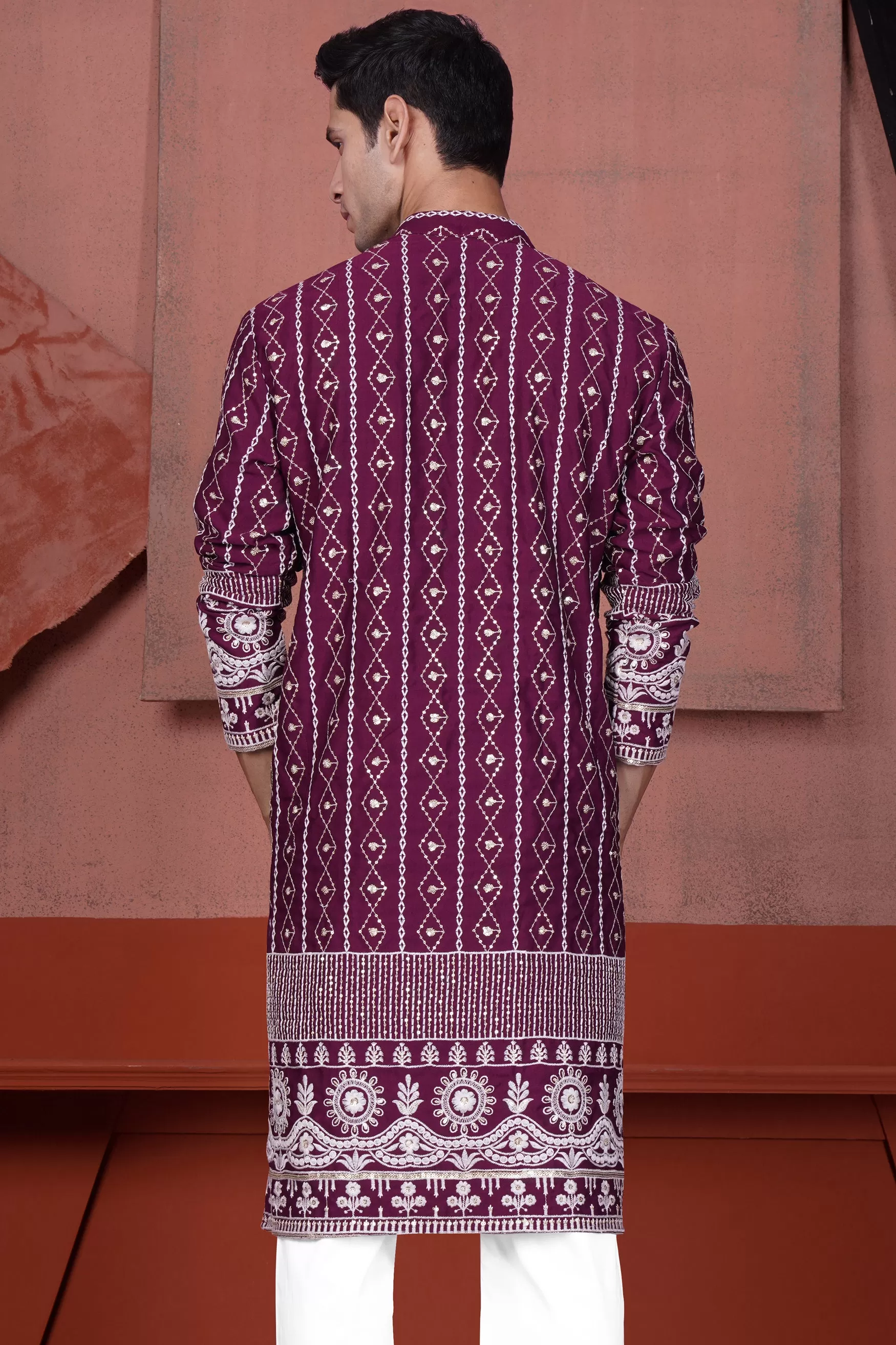 Barossa Purple and Bright White Embroidered Viscose Designer Kurta