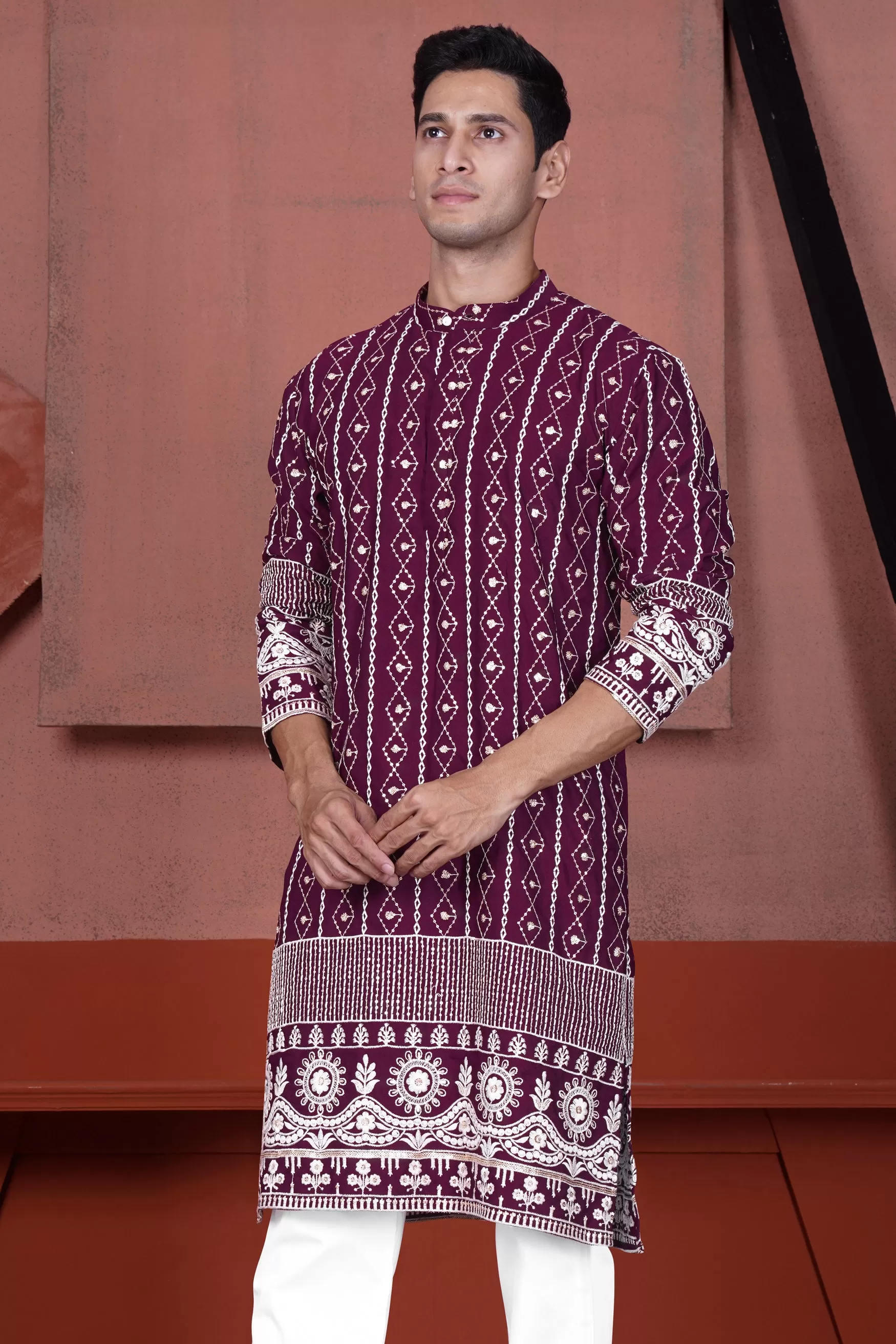 Barossa Purple and Bright White Embroidered Viscose Designer Kurta