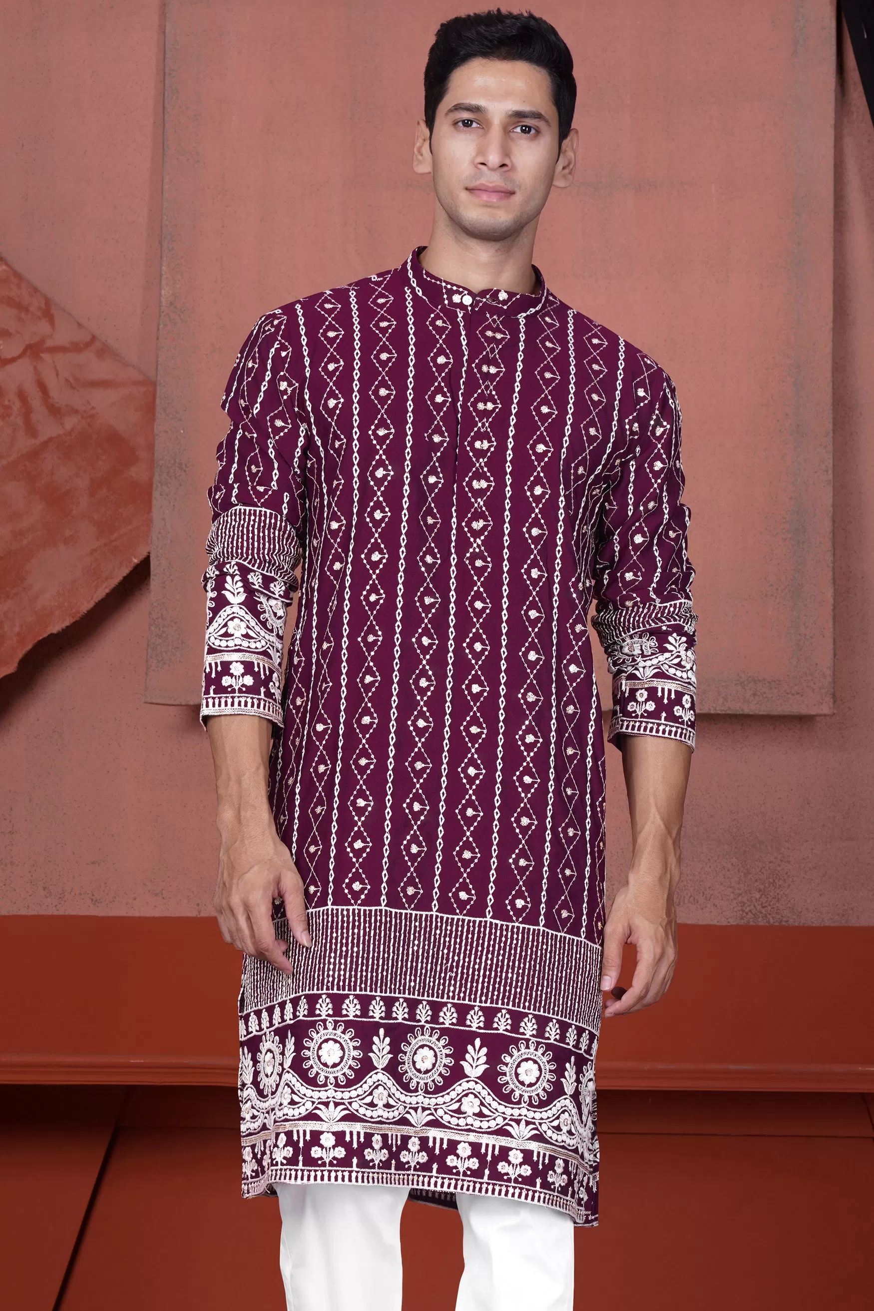 Barossa Purple and Bright White Embroidered Viscose Designer Kurta