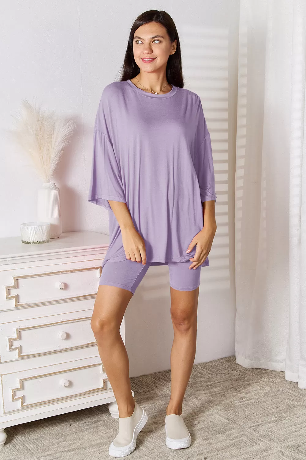 Basic Super Soft Flowy Three Quarter Sleeve Top and Shorts Set